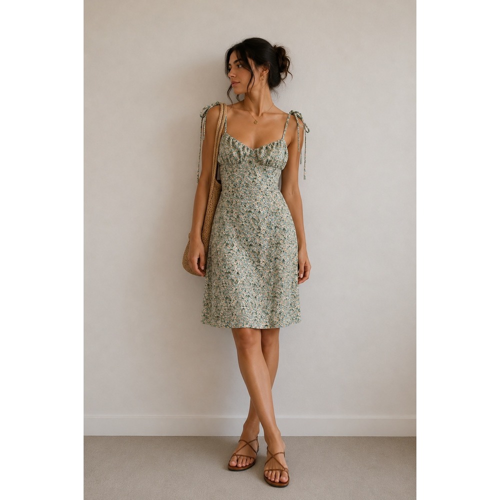 SHEIN Sage Green Daisy Floral Tie Strap Mini Dress Large Cottagecore Coquette 🌼